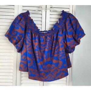 Nine West Off Shoulder Cropped Top XL Blue Brown Abstract Print Linen Blend